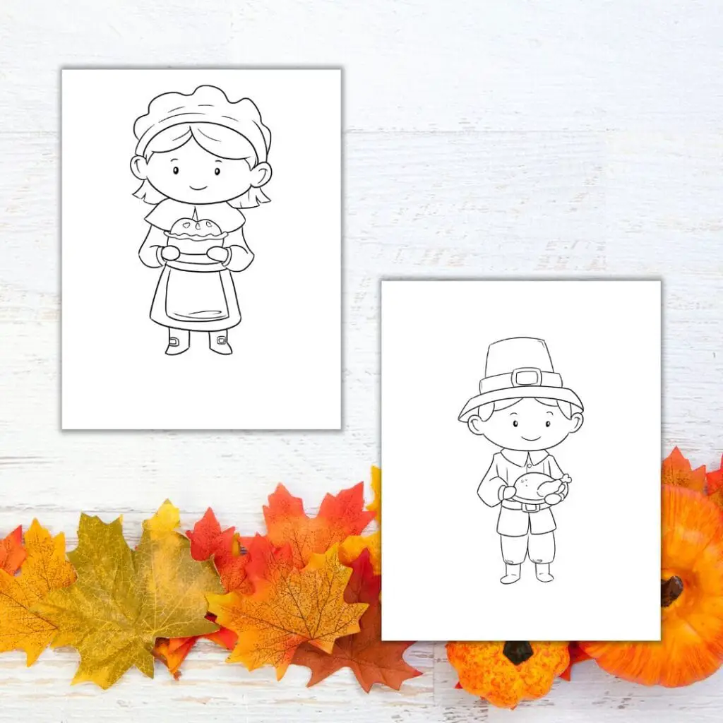 pilgrim boy and pilgrim girl coloring pages against a fall background