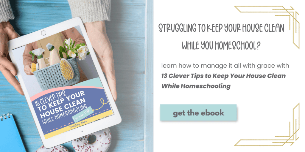 hands holding ipad featuring "13 Clever Tips to Keep Your House Clean While Homeschooling" ebook along with link to purchase