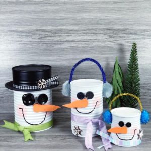 snowmen made from tin cans