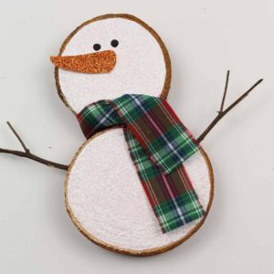 rustic snowman ornament made from wood slices and sticks