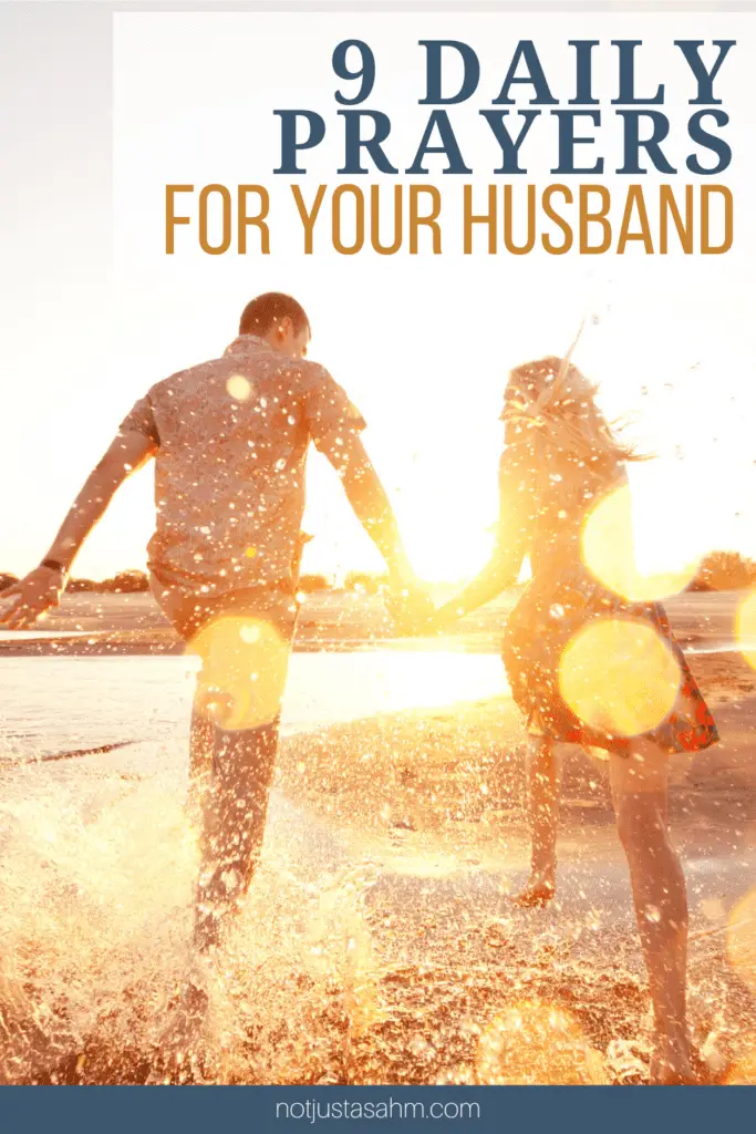 man and woman running on the beach with text overlay reading "9 daily prayers for your husband"
