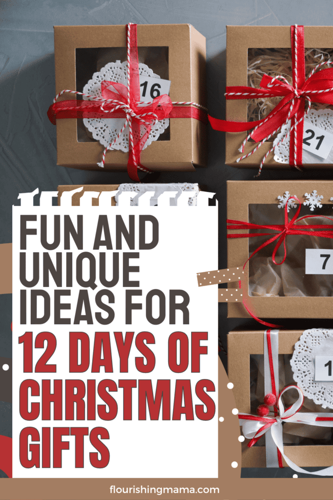 12 days of christmast gifts displayed in boxes and wrapped with ribbons