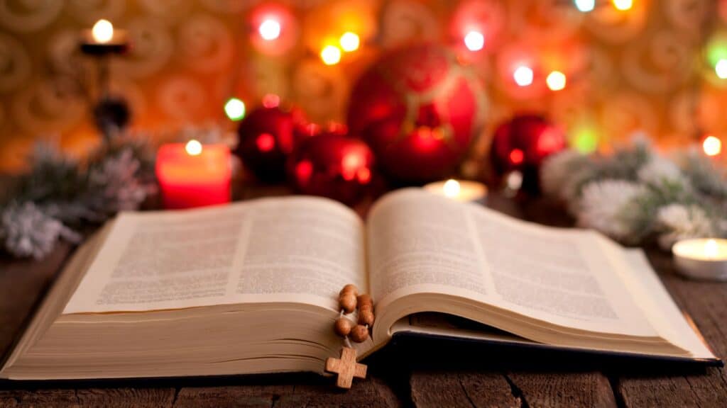 Bible with Christmas decorations