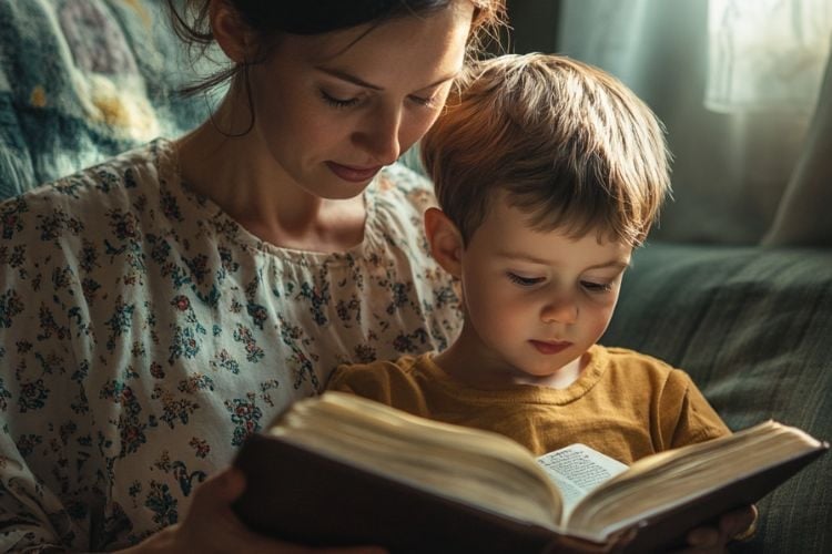 woman reading bible verses to her son
