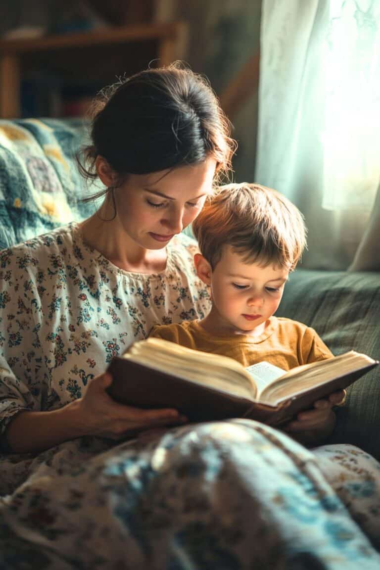 a woman sharing bible verses with her son while sitting on a couch