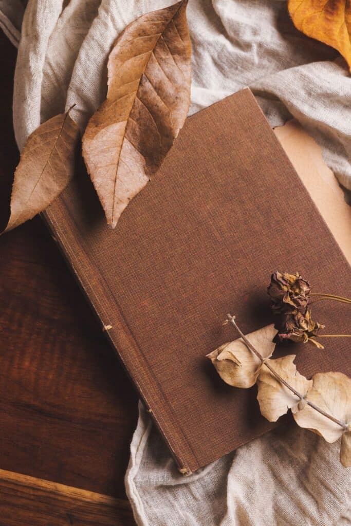 brown journal against a fall background