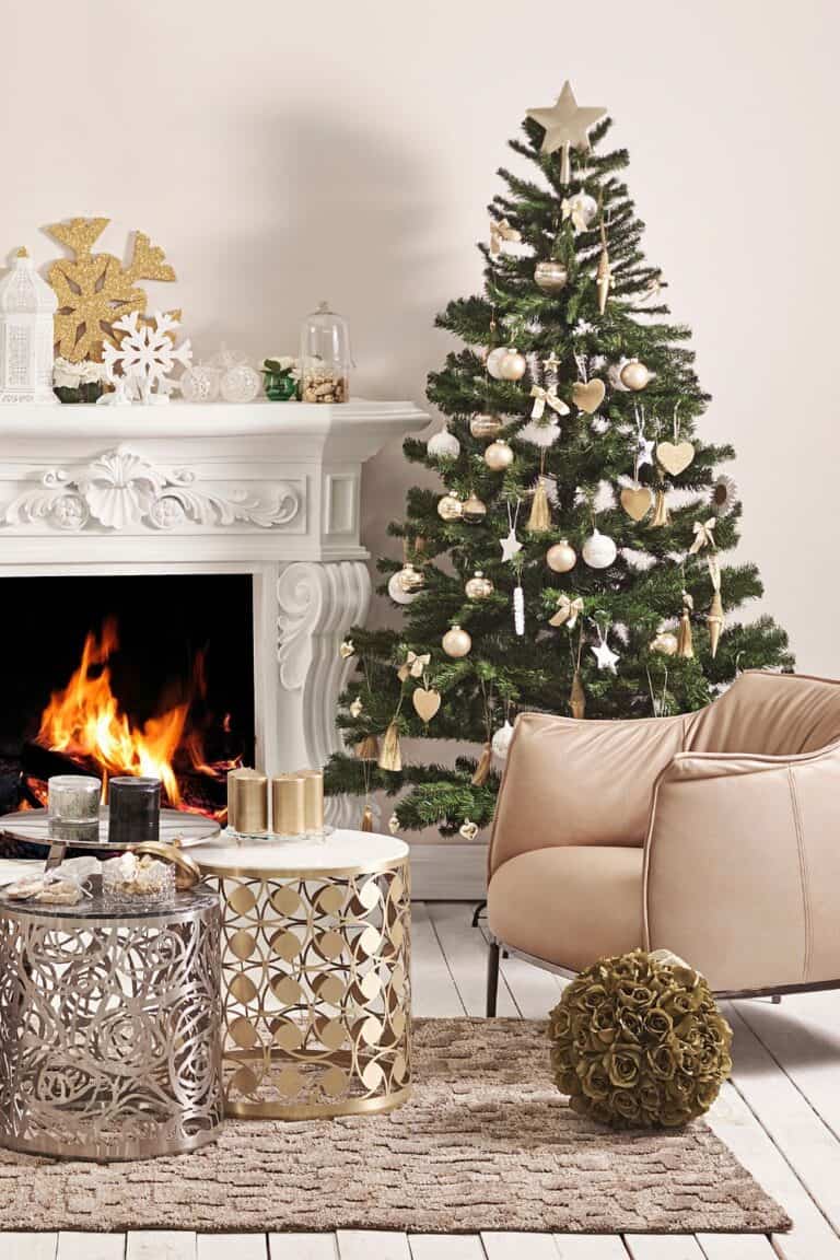 minimal living room with Christmas tree and fireplace