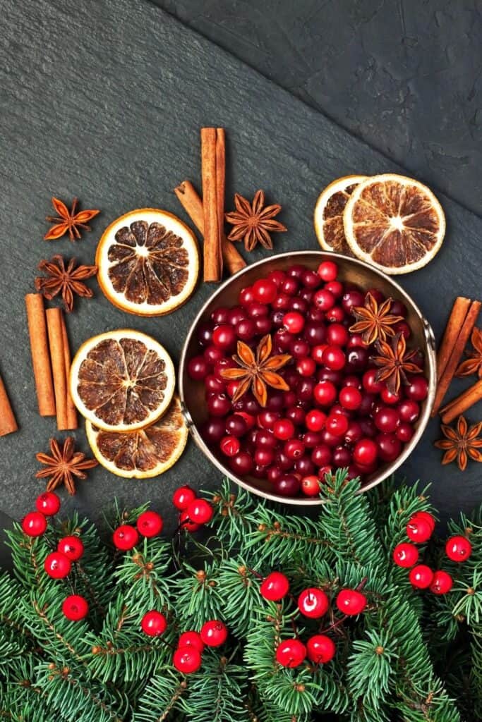 cranberries, oranges, pine and cinnamon sticks