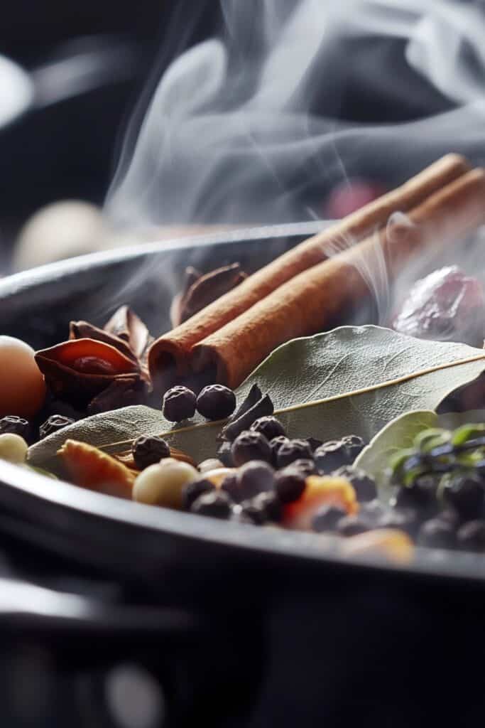 simmer pot with cinnamon sticks berries and spices