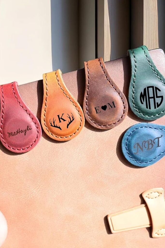 leather magnetic bookmarks displayed on the edge of a book