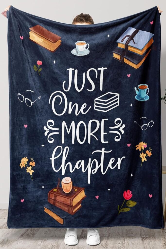 large blanket featuring the phrase "just one more chapter"