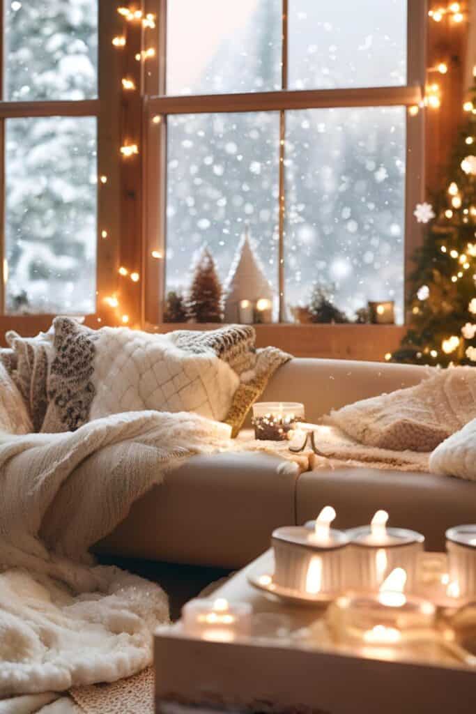 couch in front of a large window with snow outside