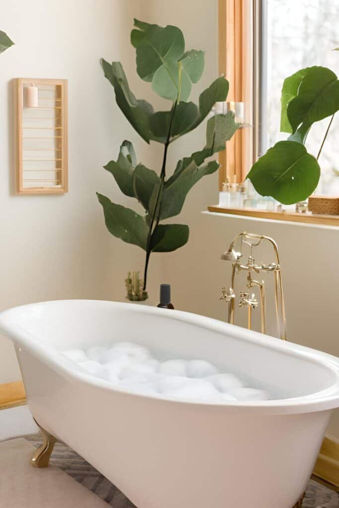 bathtub with bubbles and a green plant