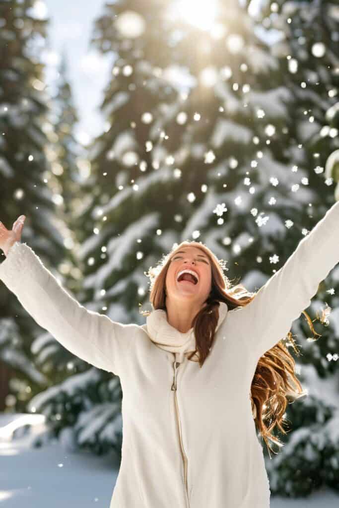 woman with her arms in the air laughing in the snow