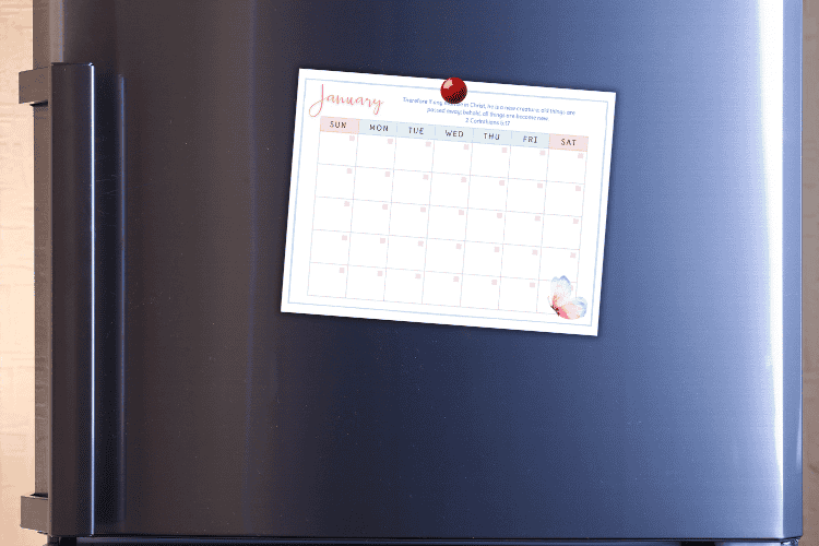 Bible verse calendar hanging on a refrigerator