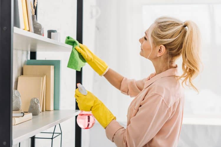 woman cleaning her shelves