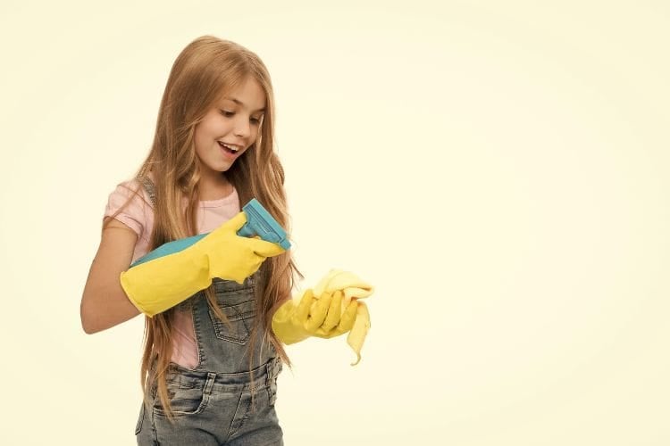 little girl with cleaning spray and a cleaning cloth