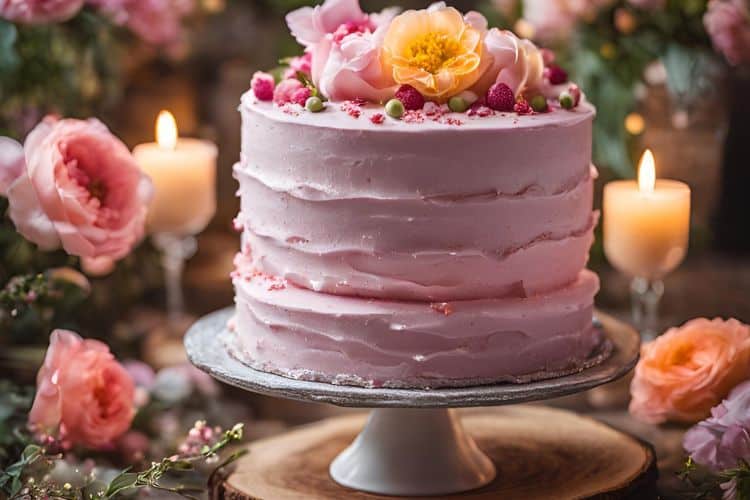 bright pink cake covered with flowers on a pedestal