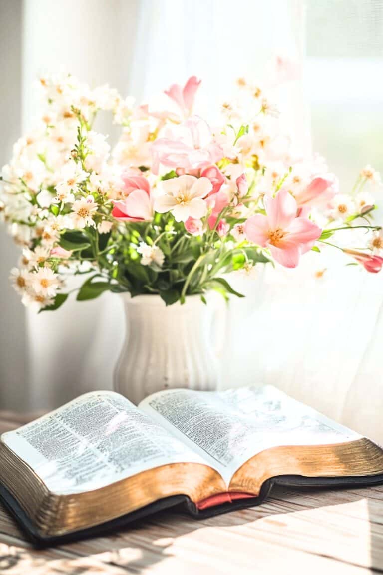 bible laying open on a table with a vase of spring flowers