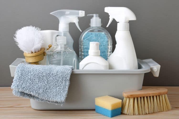 spring cleaning supplies in a caddy
