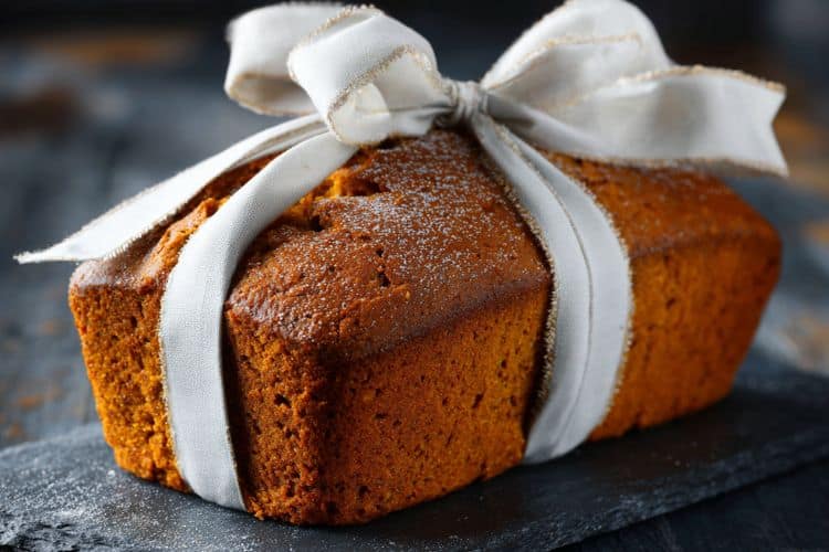 loaf of pumpkin bread tied with a ribbon