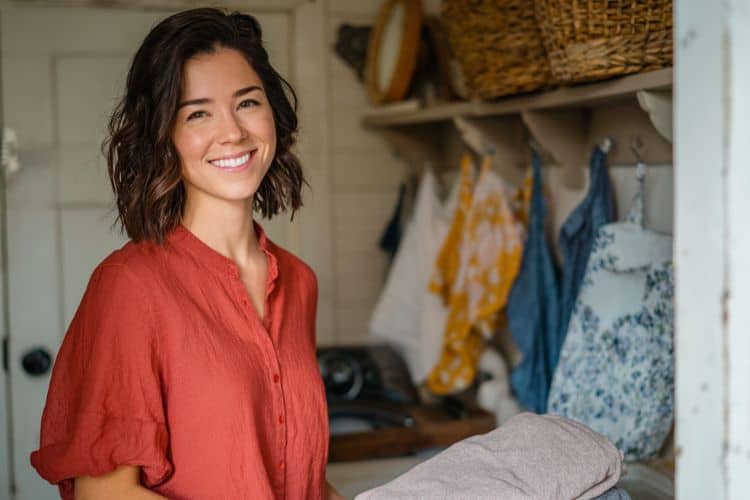 smiling woman folding laundry