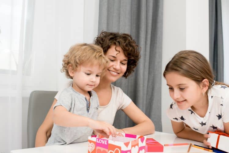 mom and kids at valentines day