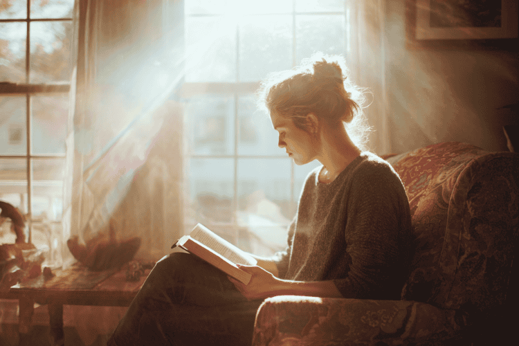 woman reading her bible in front of a window